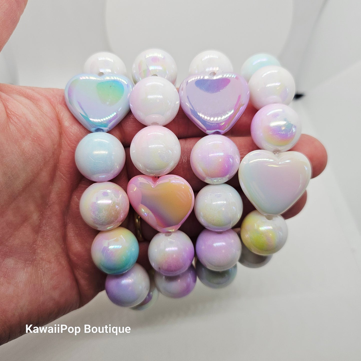 Handmade Pastel Pearl Bracelet – Iridescent Heart Charm, Kawaii Cute-Core