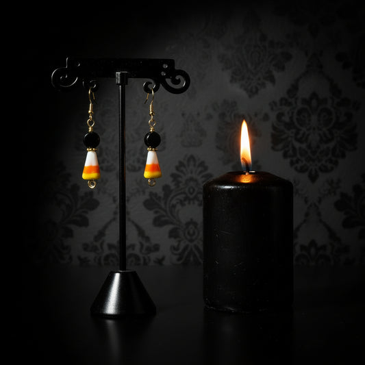 Handmade Candy Corn Earrings – Halloween Glass Bead Dangle Earrings in Black, Orange, and Yellow | Fall Jewelry by The Raven’s Edge