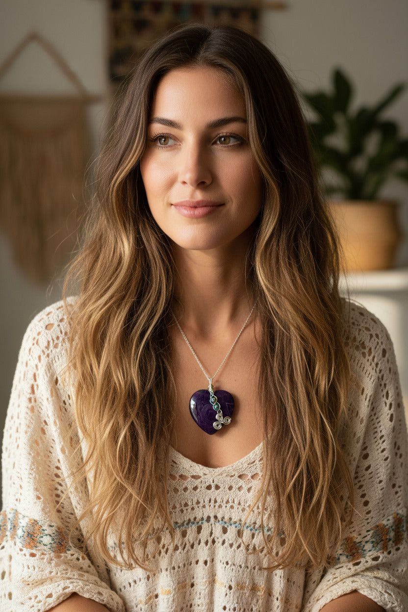 Purple Agate Heart Necklace - Handmade Wire Wrapped Pendant with Iridescent Beads