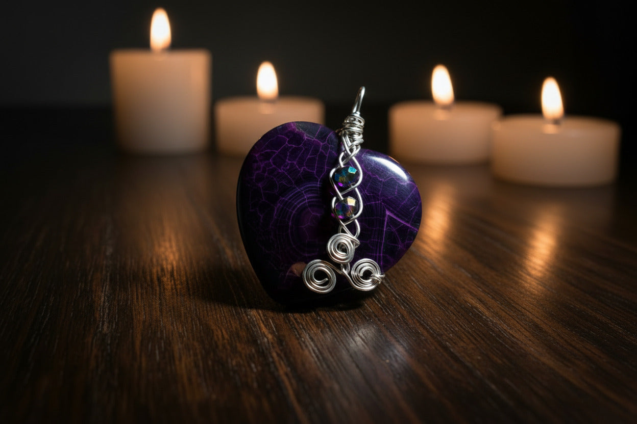 Purple Agate Heart Necklace - Handmade Wire Wrapped Pendant with Iridescent Beads