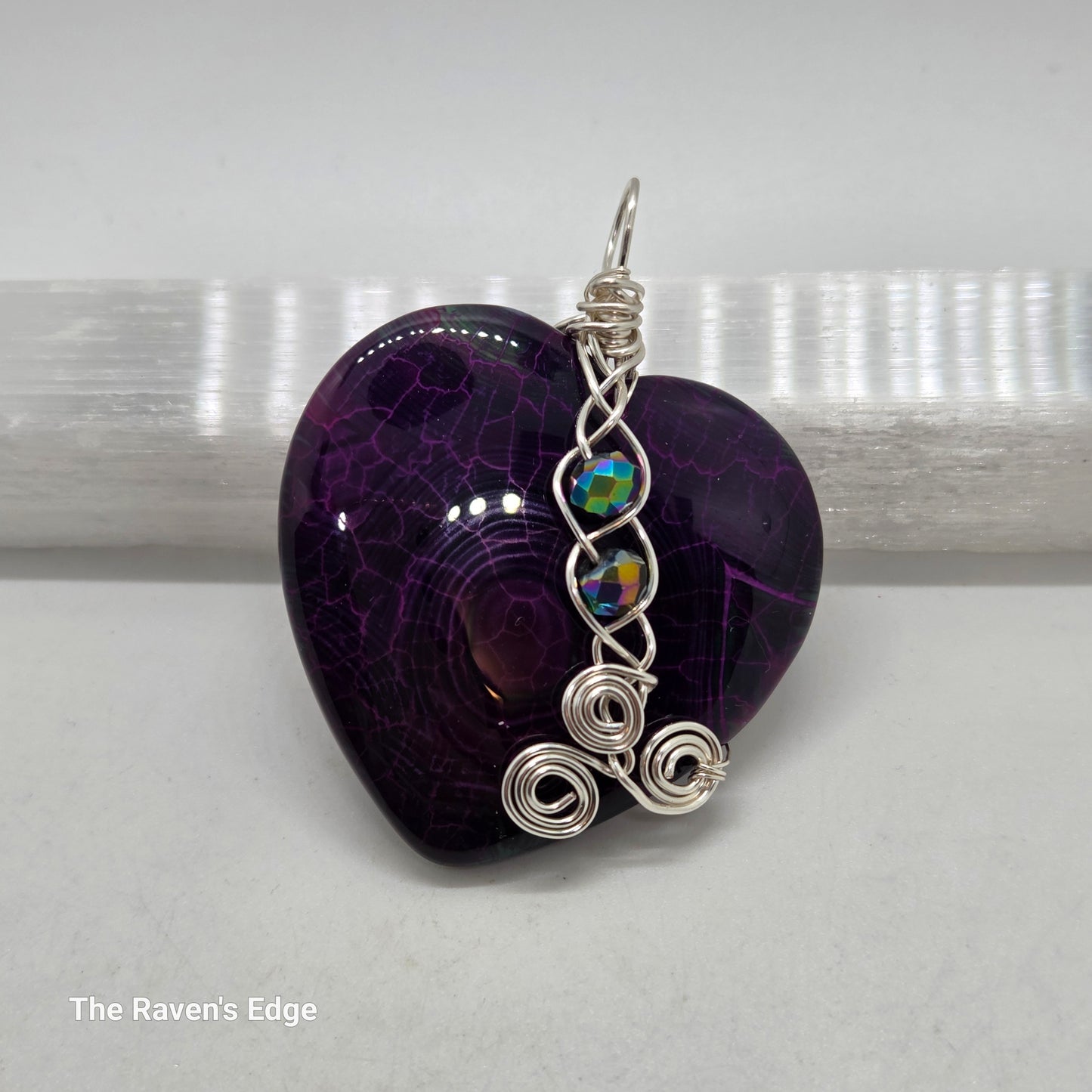 Purple Agate Heart Necklace - Handmade Wire Wrapped Pendant with Iridescent Beads
