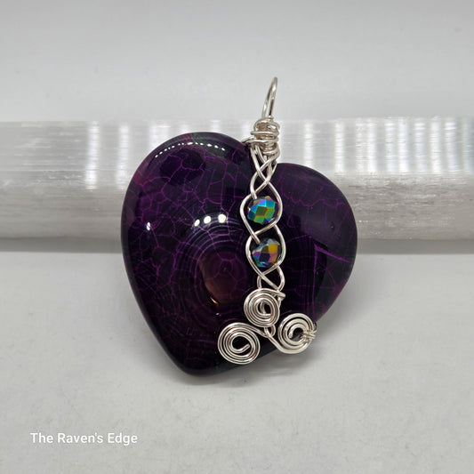 Purple Agate Heart Necklace - Handmade Wire Wrapped Pendant with Iridescent Beads