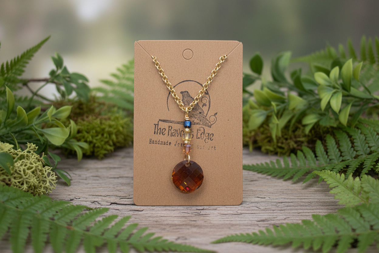 Handmade Shimmery Glass Pendant – Autumn Brown with Green Flash | Iridescent Fall Jewelry