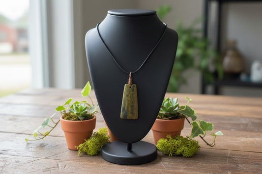 Wire-Wrapped Green Jasper Unisex Pendant Necklace