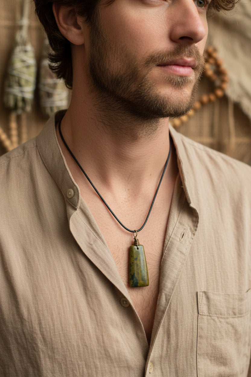 Wire-Wrapped Green Jasper Unisex Pendant Necklace