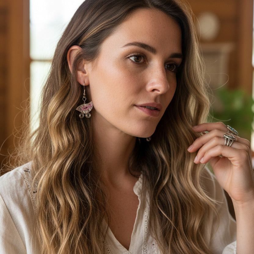 Whimsical Wire-Wrapped Bird Earrings - Pink & Silver