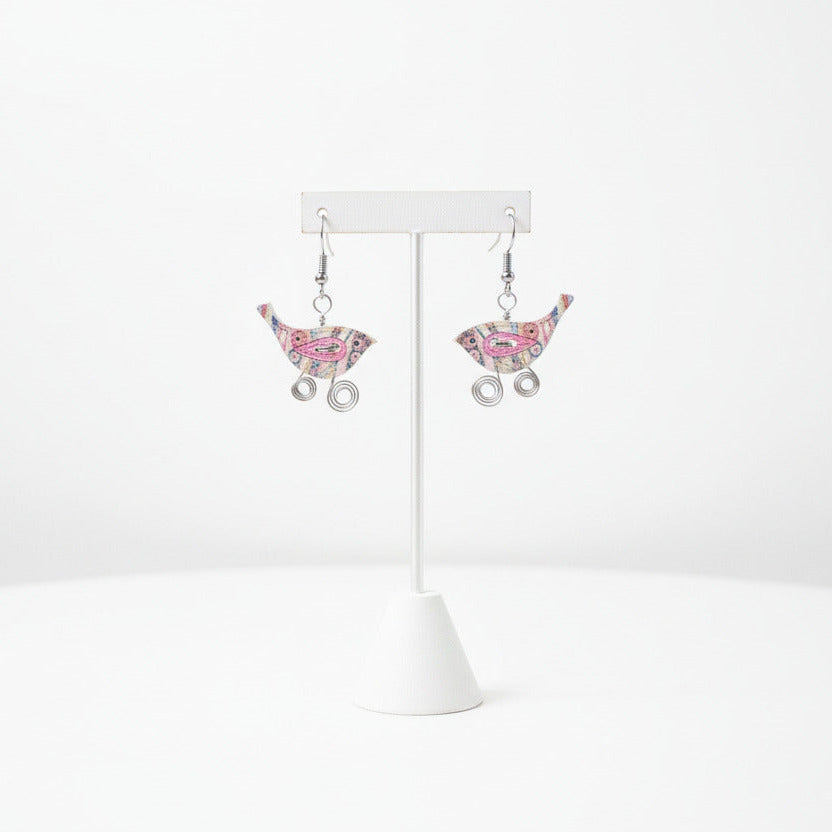 Whimsical Wire-Wrapped Bird Earrings - Pink & Silver