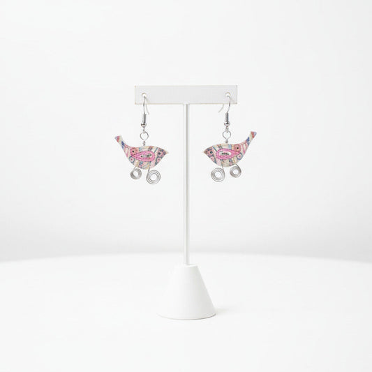 Whimsical Wire-Wrapped Bird Earrings - Pink & Silver