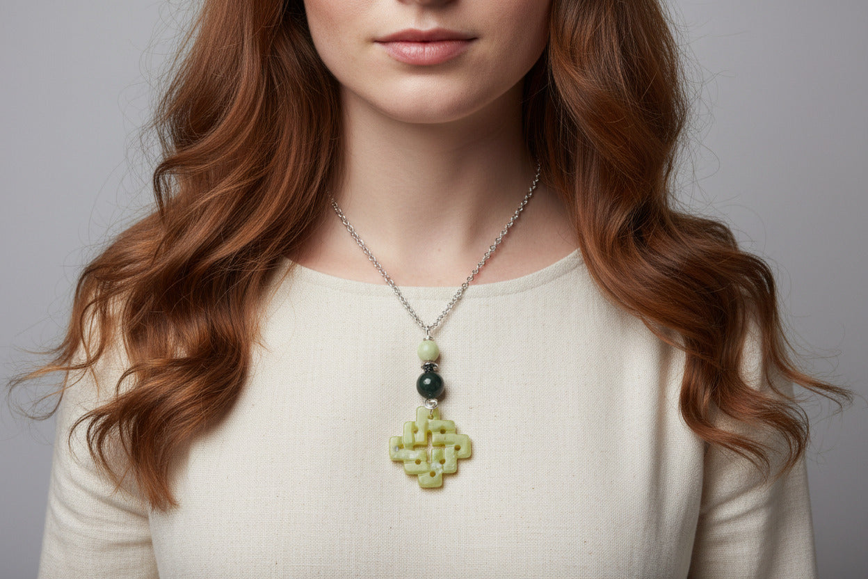 Serpentine & Jasper Wire-Wrapped Pendant Necklace - Handmade Natural Gemstone Jewelry