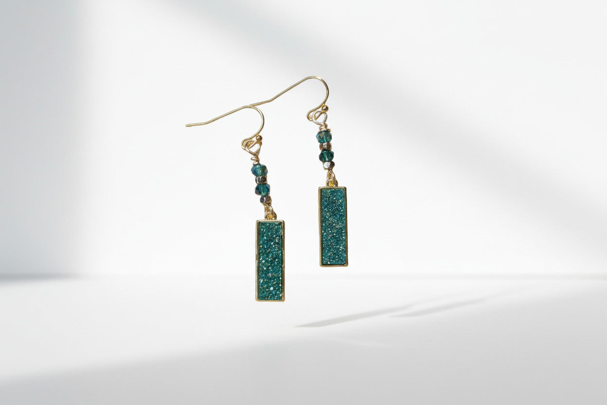 Emerald Druzy Rectangle Earrings - Handmade Wire-Wrapped