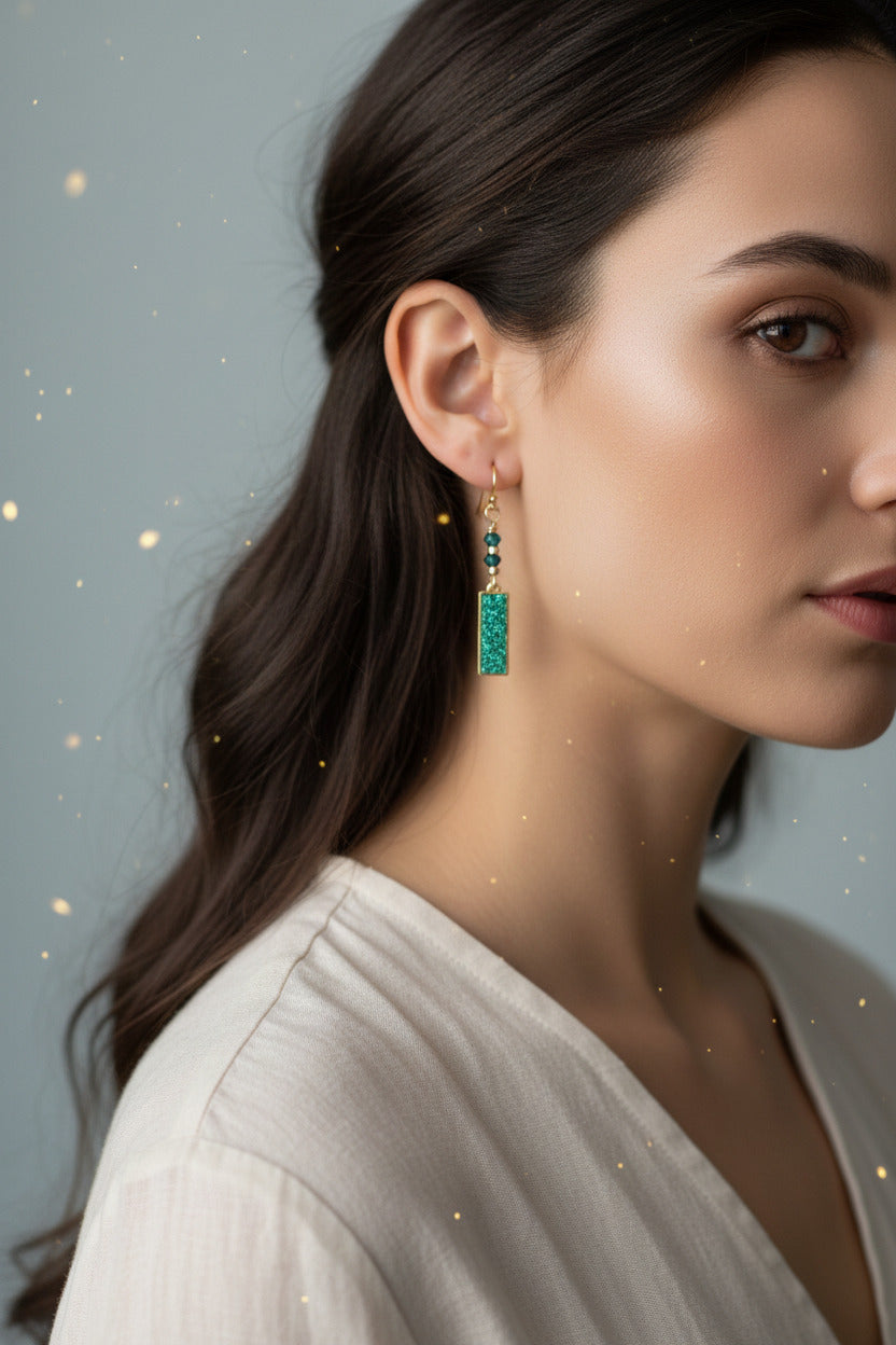 Emerald Druzy Rectangle Earrings - Handmade Wire-Wrapped