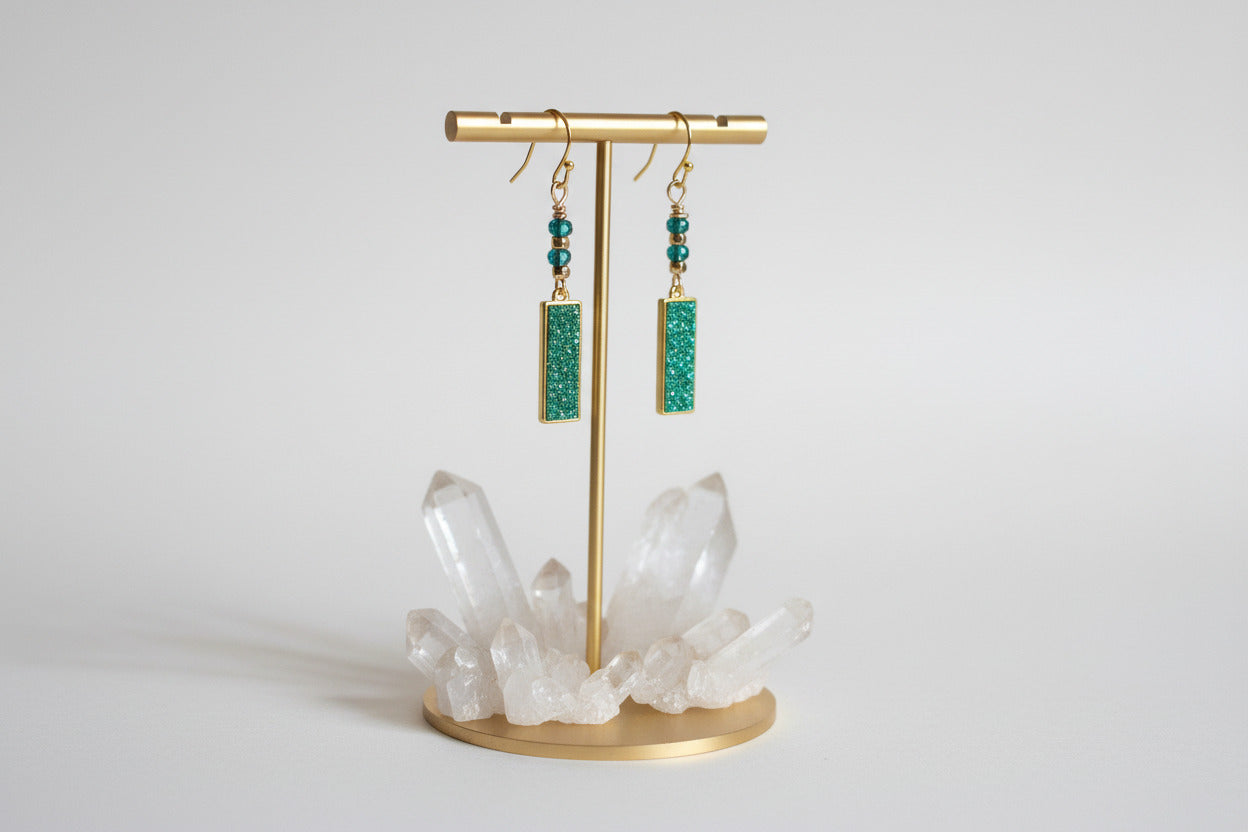 Emerald Druzy Rectangle Earrings - Handmade Wire-Wrapped