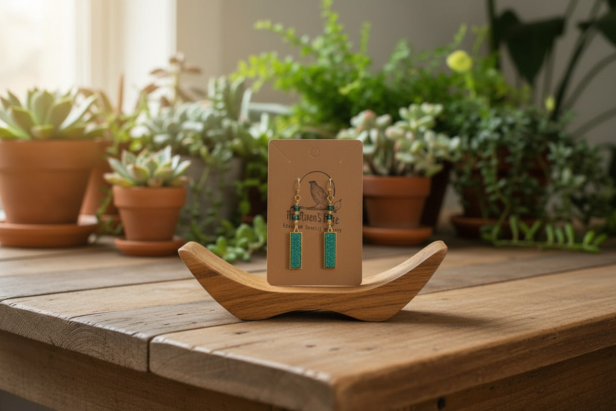 Emerald Druzy Rectangle Earrings - Handmade Wire-Wrapped