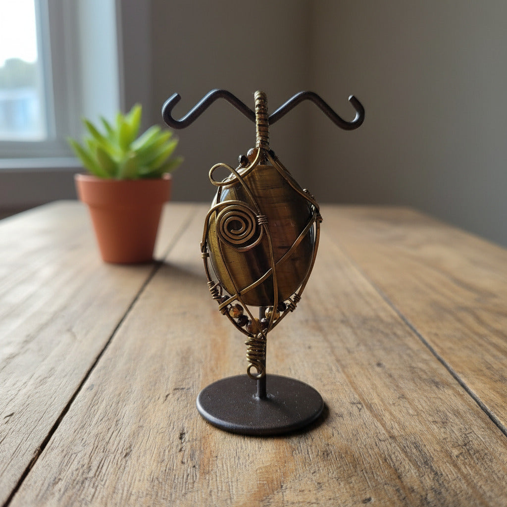 Tiger's Eye Wire-Wrapped Pendant - Handmade Bronze