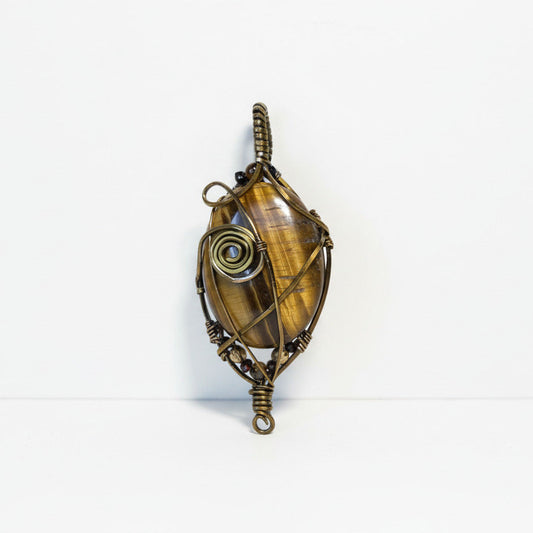 Tiger's Eye Wire-Wrapped Pendant - Handmade Bronze