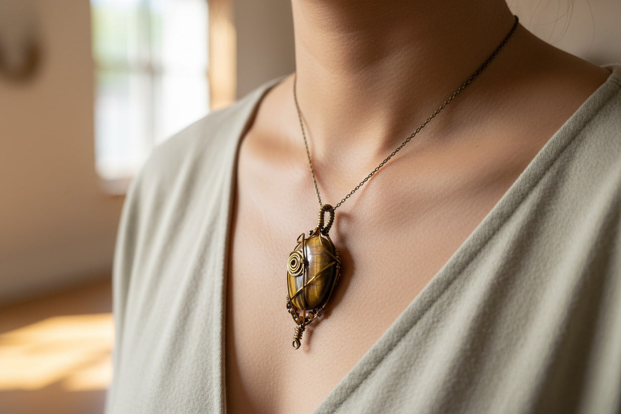 Tiger's Eye Wire-Wrapped Pendant - Handmade Bronze