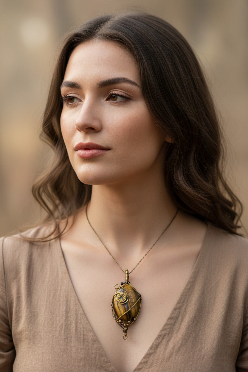Tiger's Eye Wire-Wrapped Pendant - Handmade Bronze