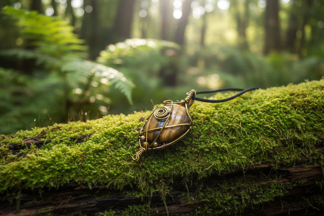 Tiger's Eye Wire-Wrapped Pendant - Handmade Bronze
