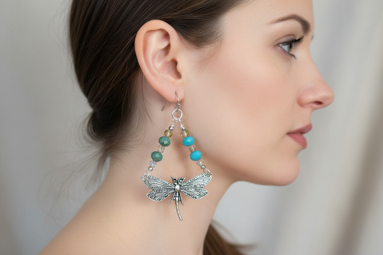 Turquoise Dragonfly Earrings - Handmade Beaded