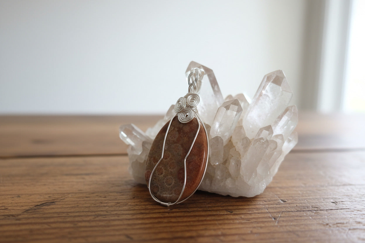 Handmade Coral Fossil Stone Pendant | Wire Wrapped Crystal Necklace | Natural Fossil Jewelry | Earthy Boho Gift