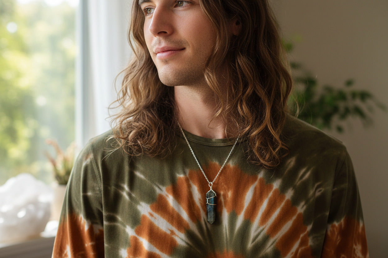 Wire-Wrapped Labradorite Crystal Point Necklace - Unisex