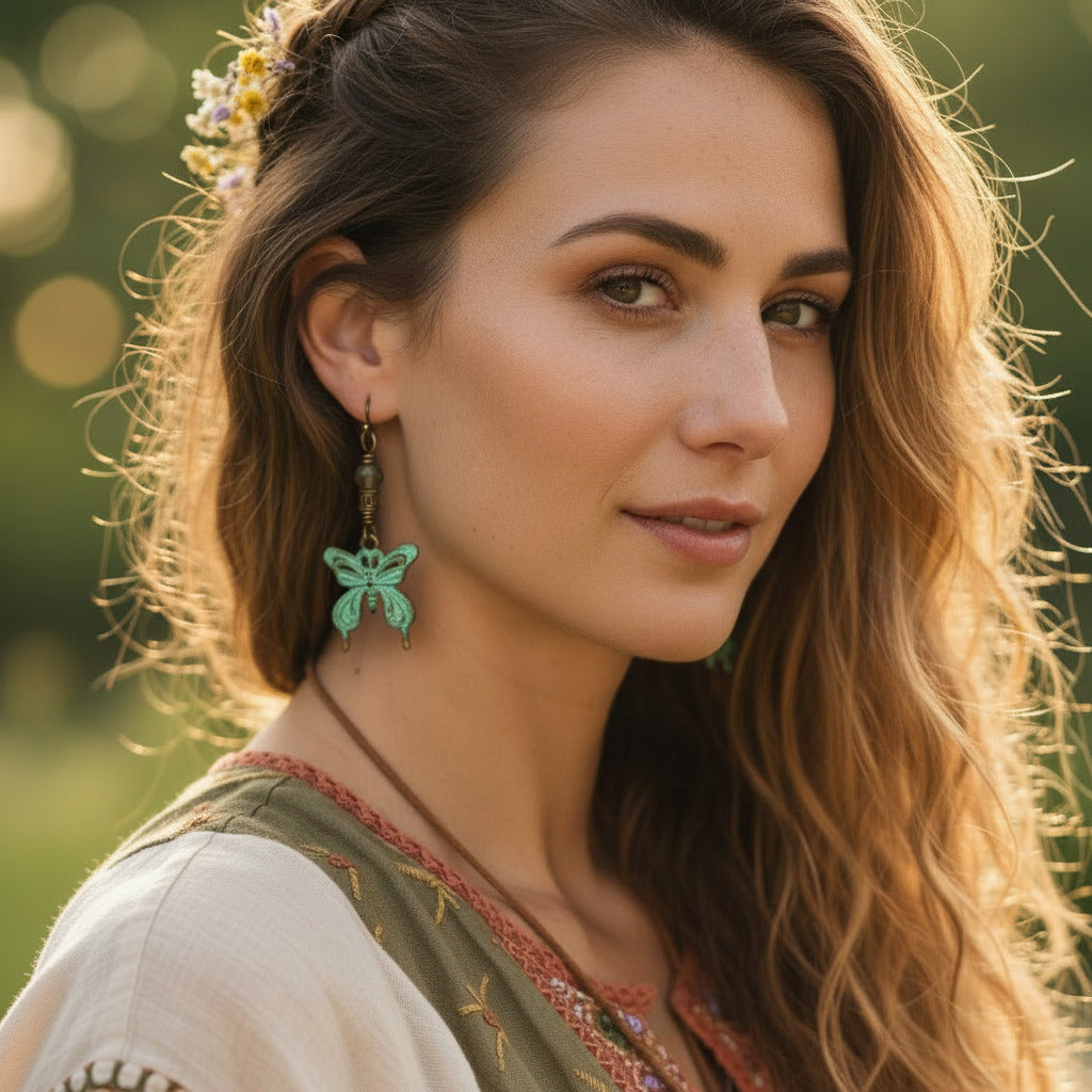 Verdigris Butterfly Earrings with Agate - Antique Bronze Handmade Earrings