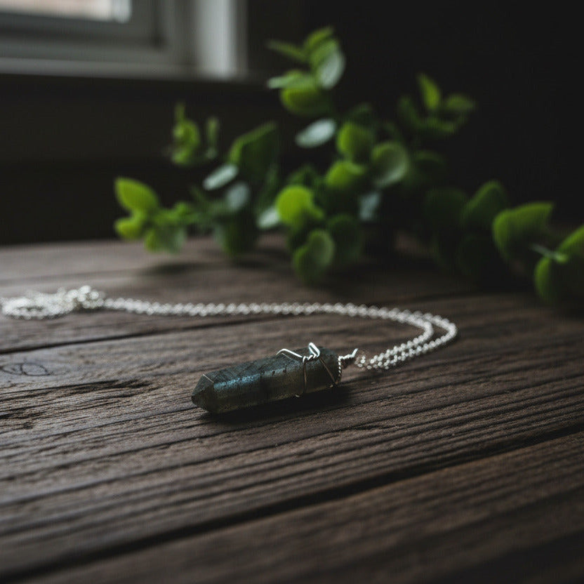 Wire-Wrapped Labradorite Crystal Point Necklace - Unisex