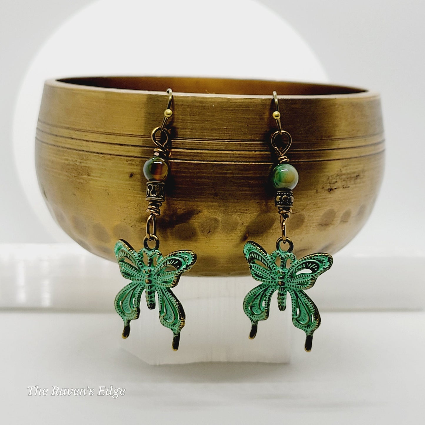 Verdigris Butterfly Earrings with Agate - Antique Bronze Handmade Earrings