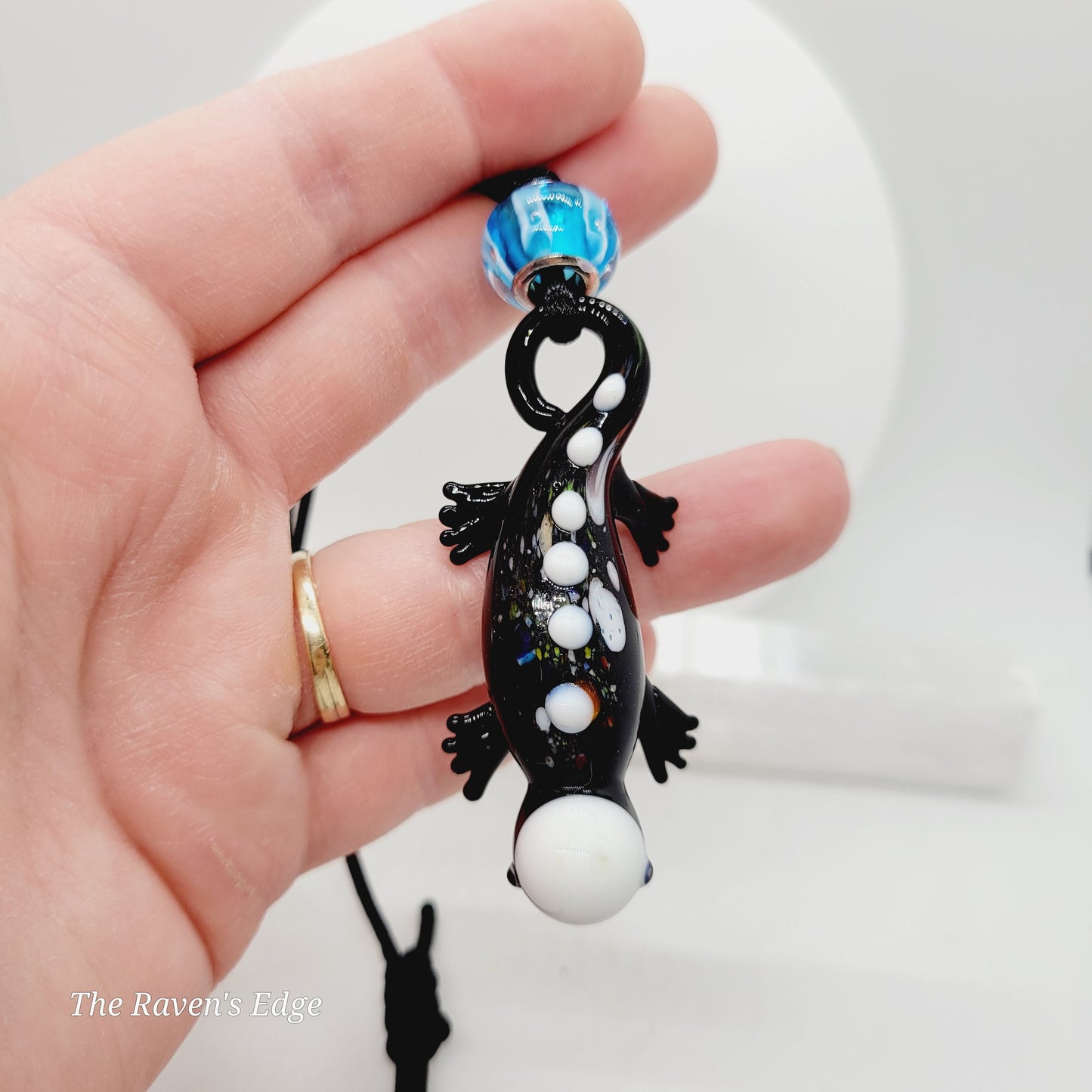 Handmade Blown Glass Salamander Necklace | Whimsical Colorful Lizard Pendant with Matching Glass Beads | Fun Art Glass Jewelry