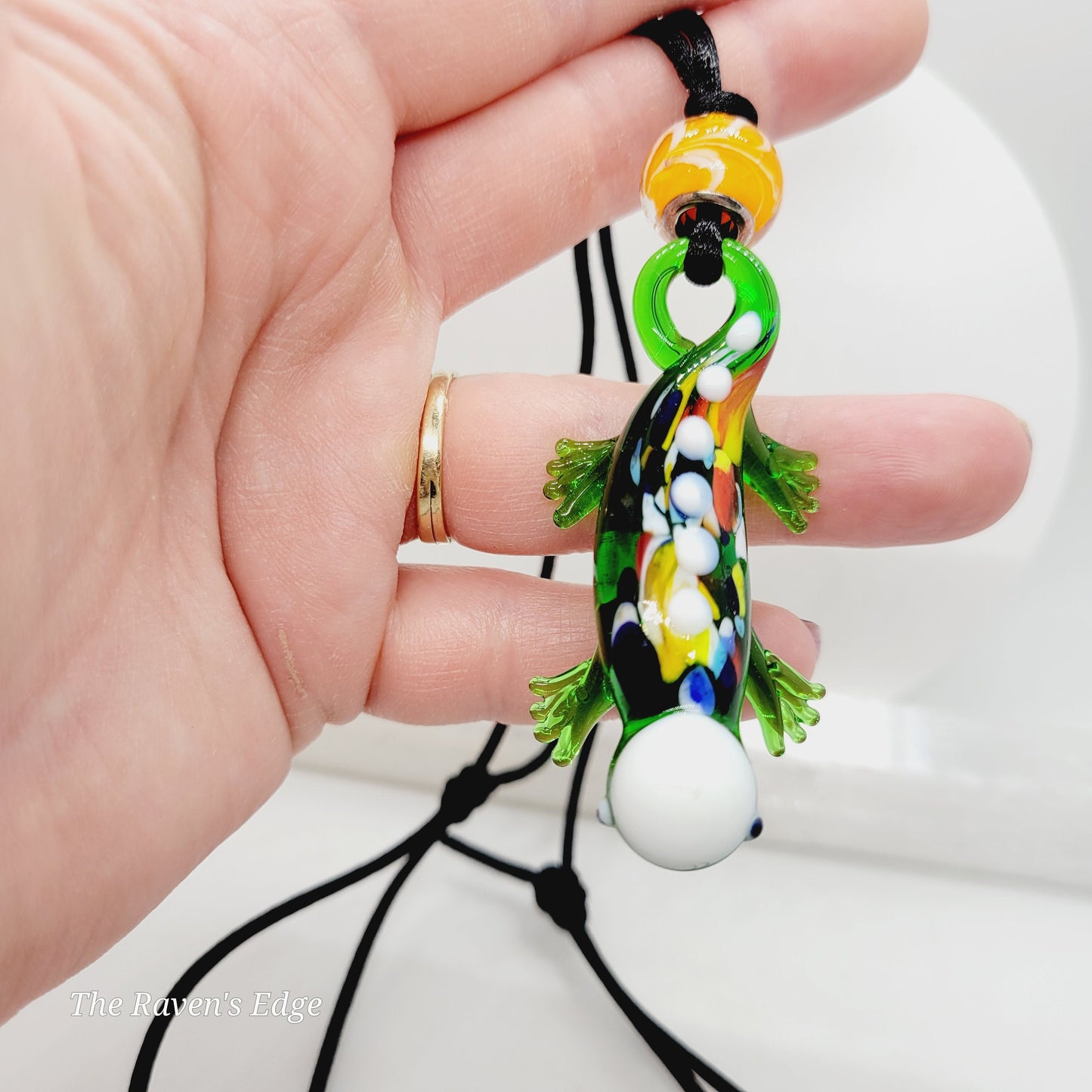 Handmade Blown Glass Salamander Necklace | Whimsical Colorful Lizard Pendant with Matching Glass Beads | Fun Art Glass Jewelry