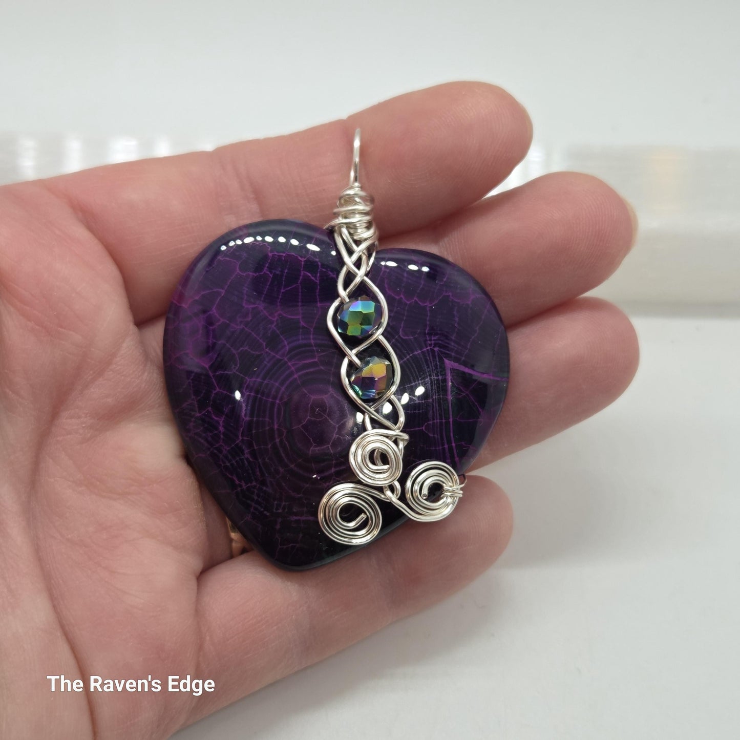 Purple Agate Heart Necklace - Handmade Wire Wrapped Pendant with Iridescent Beads