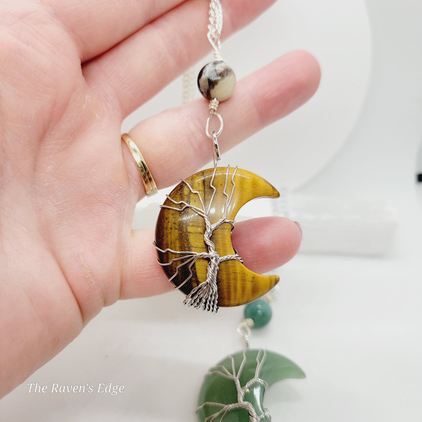 Handmade Tree of Life Necklace – Tiger’s Eye or Green Aventurine Moon Pendant | Wire Wrapped Crystal Jewelry | Grounding & Abundance