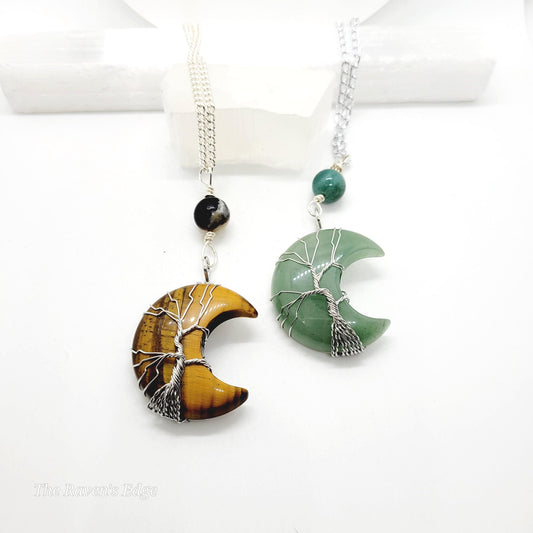 Handmade Tree of Life Necklace – Tiger’s Eye or Green Aventurine Moon Pendant | Wire Wrapped Crystal Jewelry | Grounding & Abundance