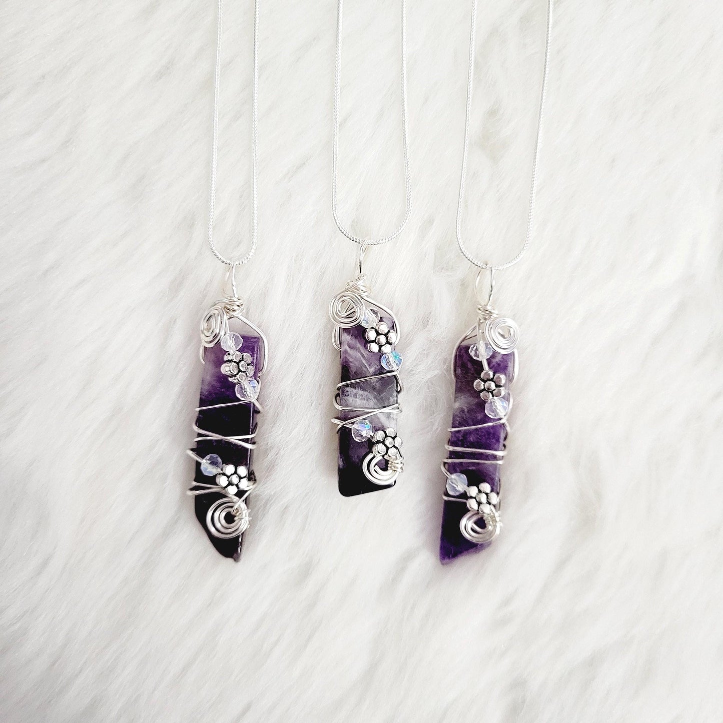 Dream Amethyst Pendant Necklace – Handmade Wire Wrap with Flowers – Purple Crystal Jewelry