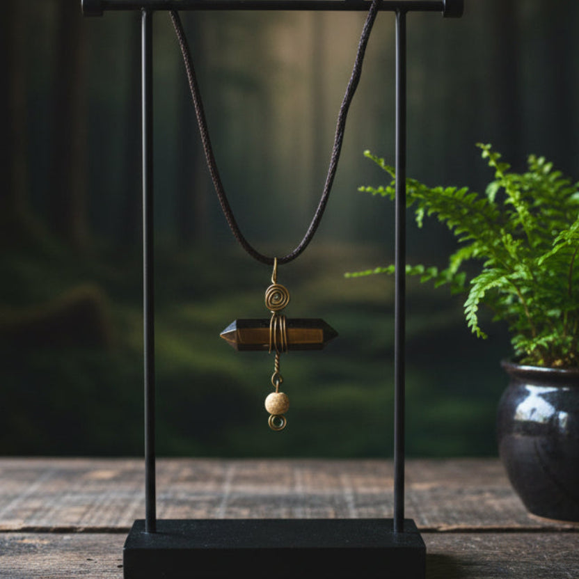 Tigers Eye Crystal Point Wire Wrapped Pendant Necklace Unisex