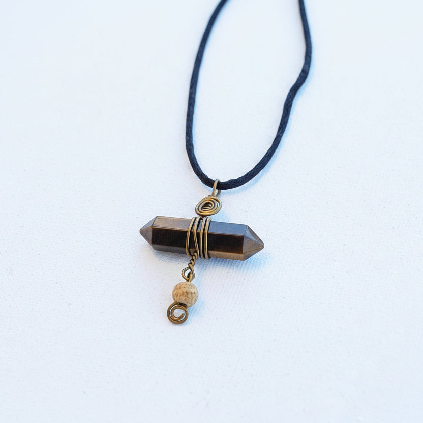 Tigers Eye Crystal Point Wire Wrapped Pendant Necklace Unisex