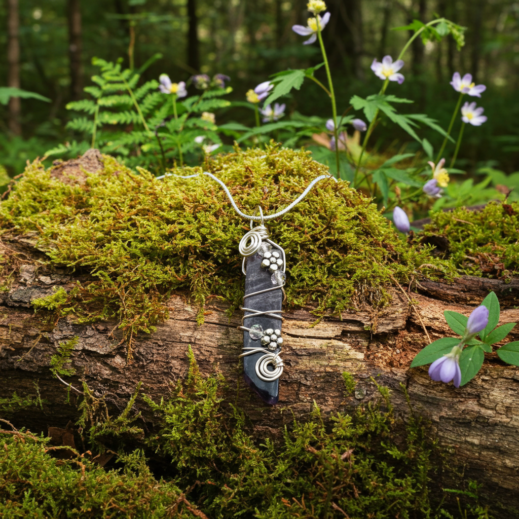 Dream Amethyst Pendant Necklace – Handmade Wire Wrap with Flowers – Purple Crystal Jewelry
