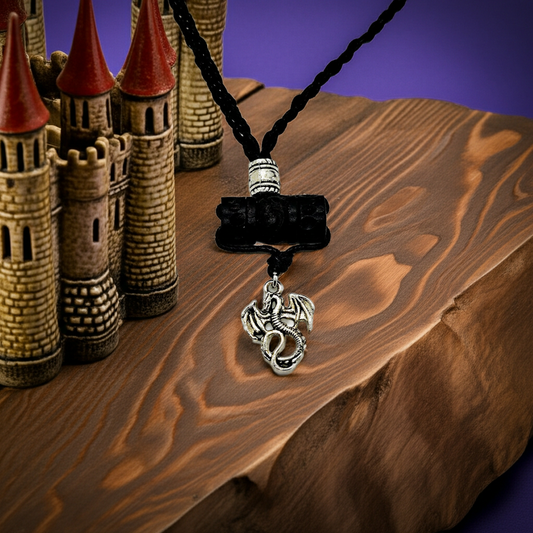 Mens Dragon Necklace with Wooden Bead