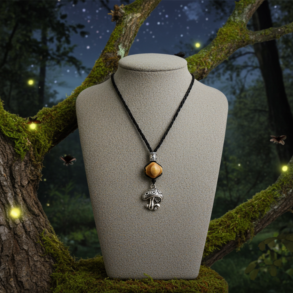 Mens Mushroom Necklace with Wooden Bead