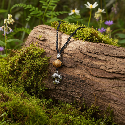 Mens Mushroom Necklace with Wooden Bead