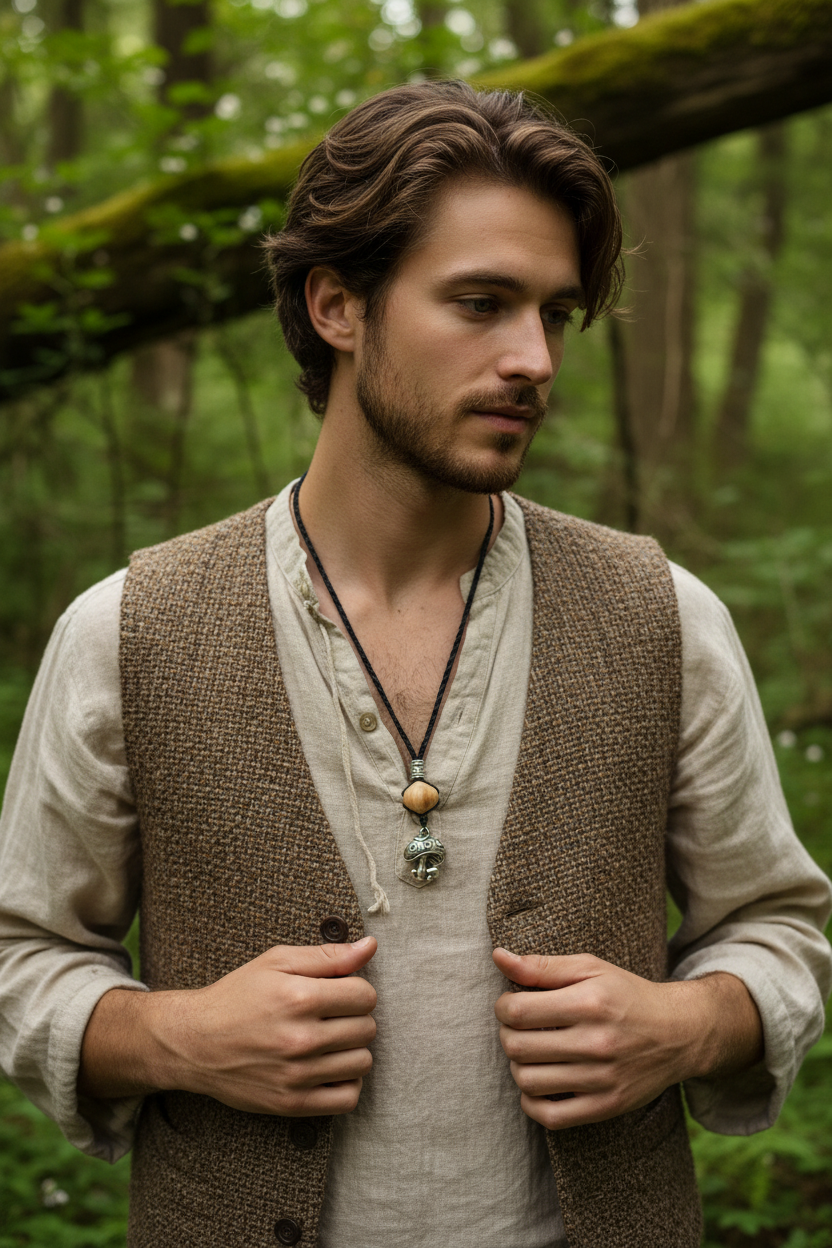 Mens Mushroom Necklace with Wooden Bead