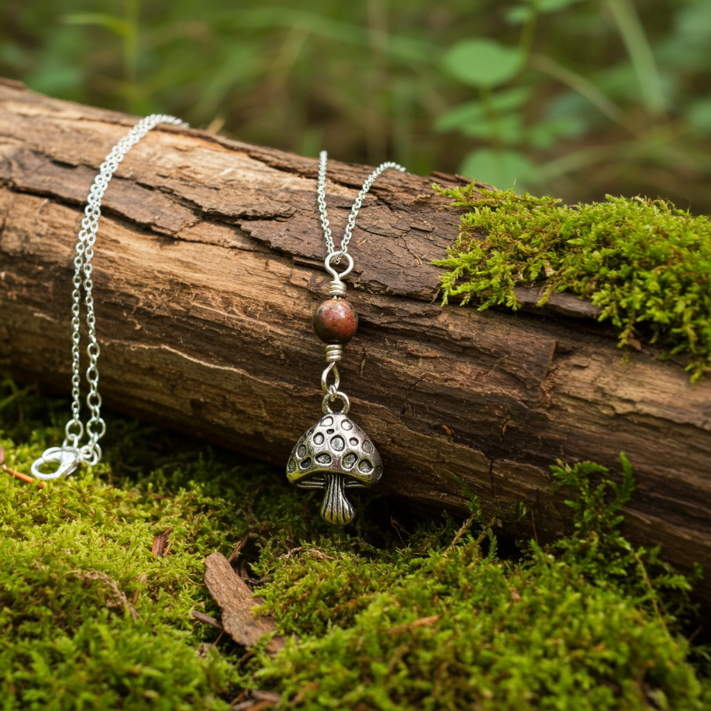 Mushroom necklace with unikite beads