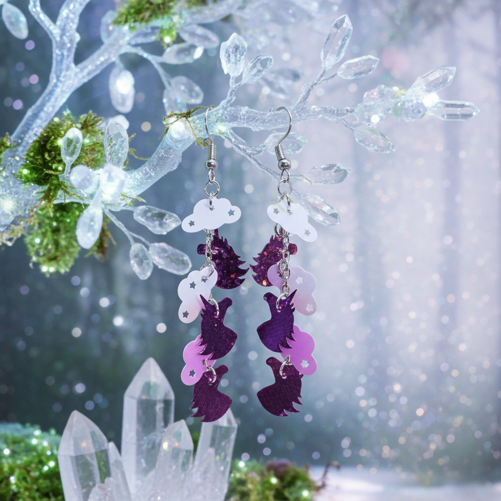 Unicorn and Cloud Dangle Earrings – Handmade Kawaii Jewelry with Sparkly Pink Unicorns & Iridescent Clouds