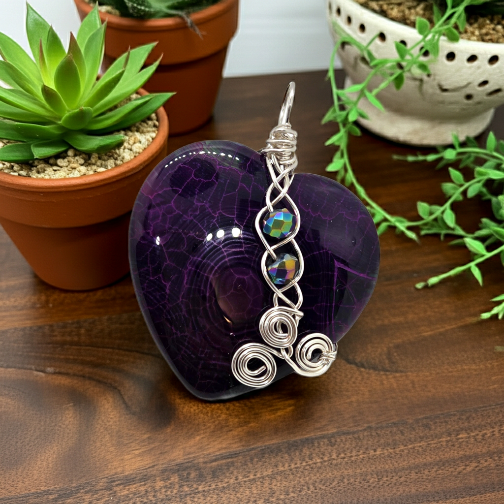 Purple Agate Heart Necklace - Handmade Wire Wrapped Pendant with Iridescent Beads