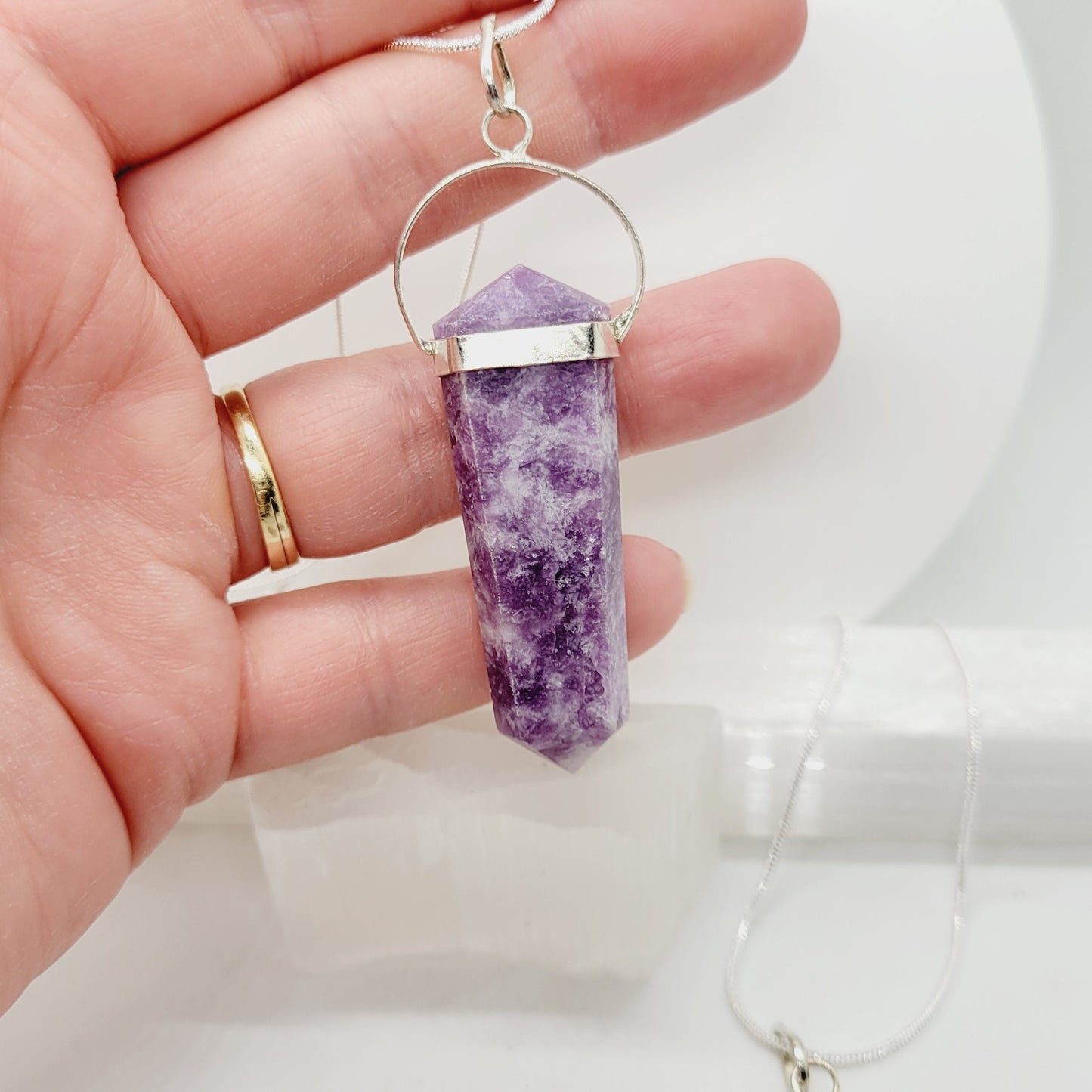 Lepidolite Crystal Point Necklace - Stone Pendant with Silver Bail