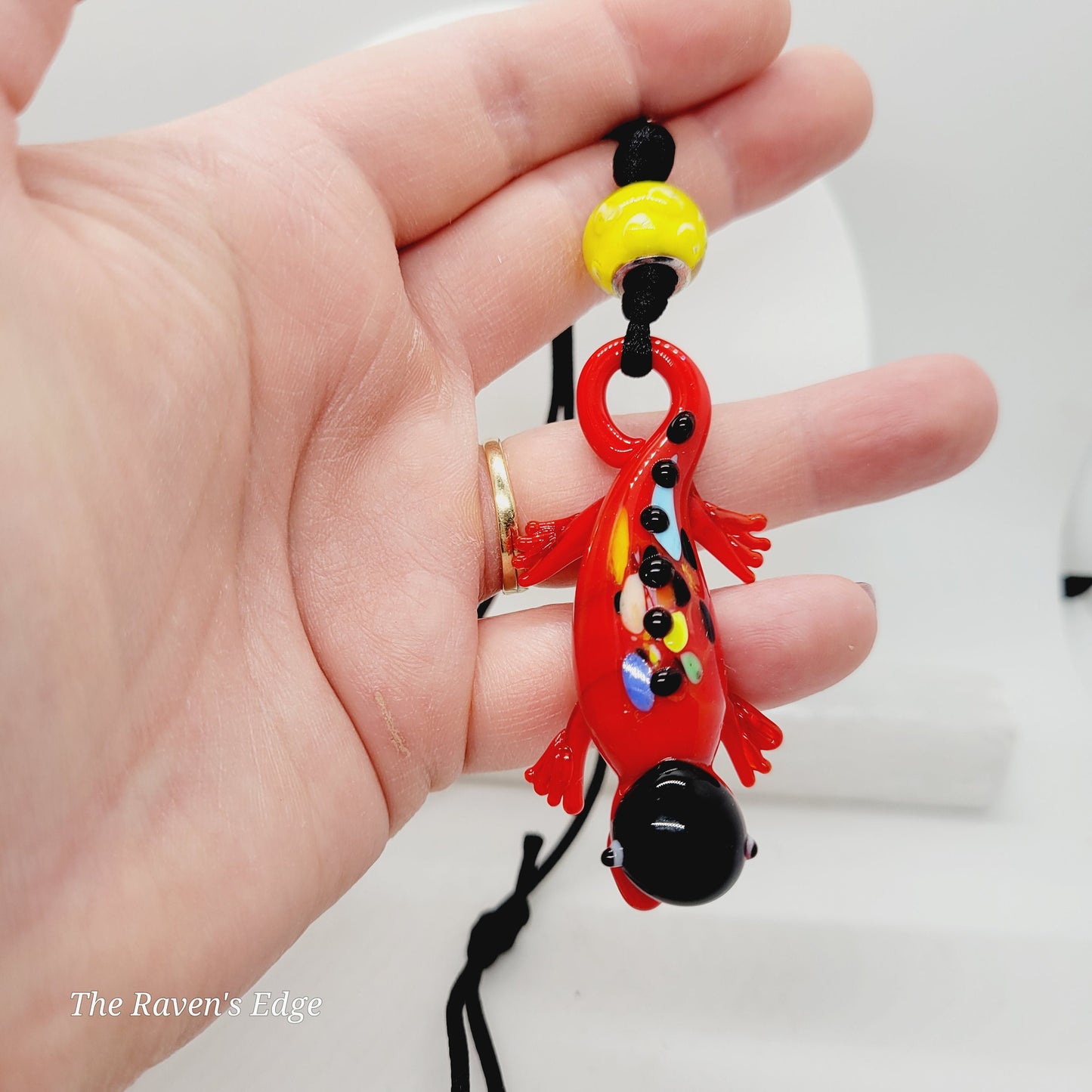 Handmade Blown Glass Salamander Necklace | Whimsical Colorful Lizard Pendant with Matching Glass Beads | Fun Art Glass Jewelry