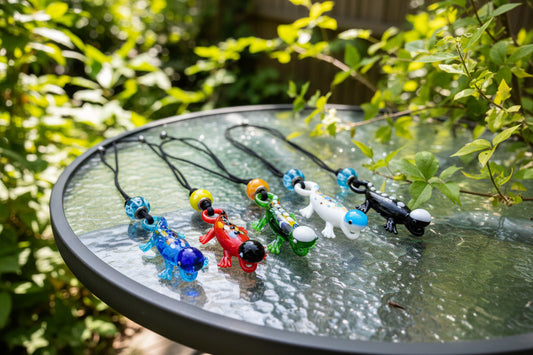 Handmade Blown Glass Salamander Necklace | Whimsical Colorful Lizard Pendant with Matching Glass Beads | Fun Art Glass Jewelry