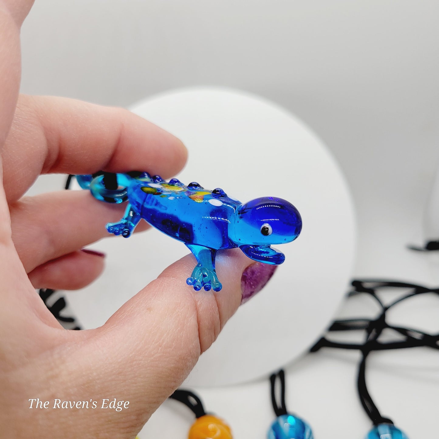 Handmade Blown Glass Salamander Necklace | Whimsical Colorful Lizard Pendant with Matching Glass Beads | Fun Art Glass Jewelry