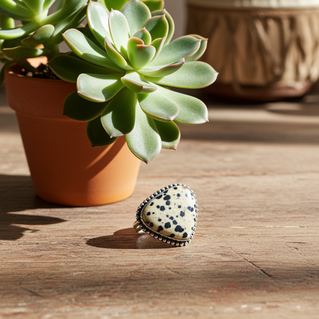 Dalmation Jasper Stone Ring Silver Plated Adjustable