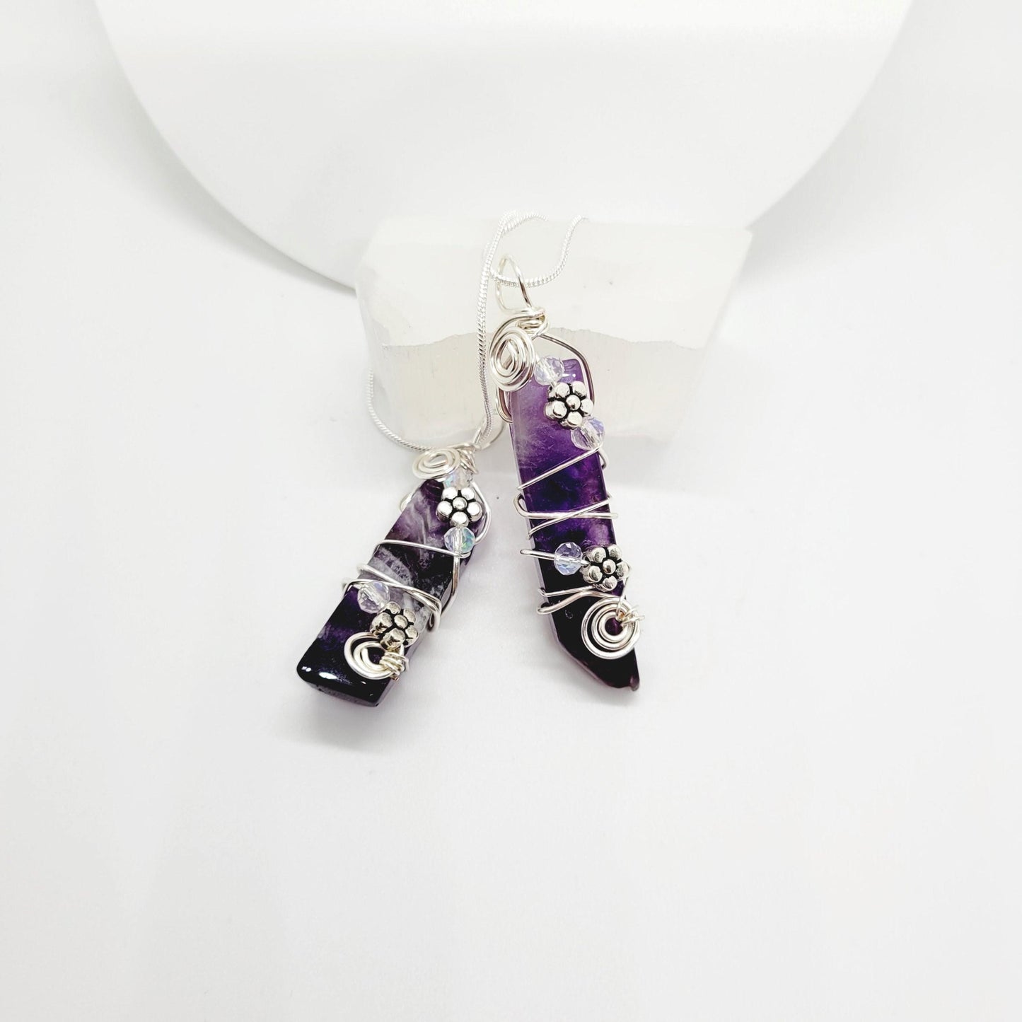 Dream Amethyst Pendant Necklace – Handmade Wire Wrap with Flowers – Purple Crystal Jewelry